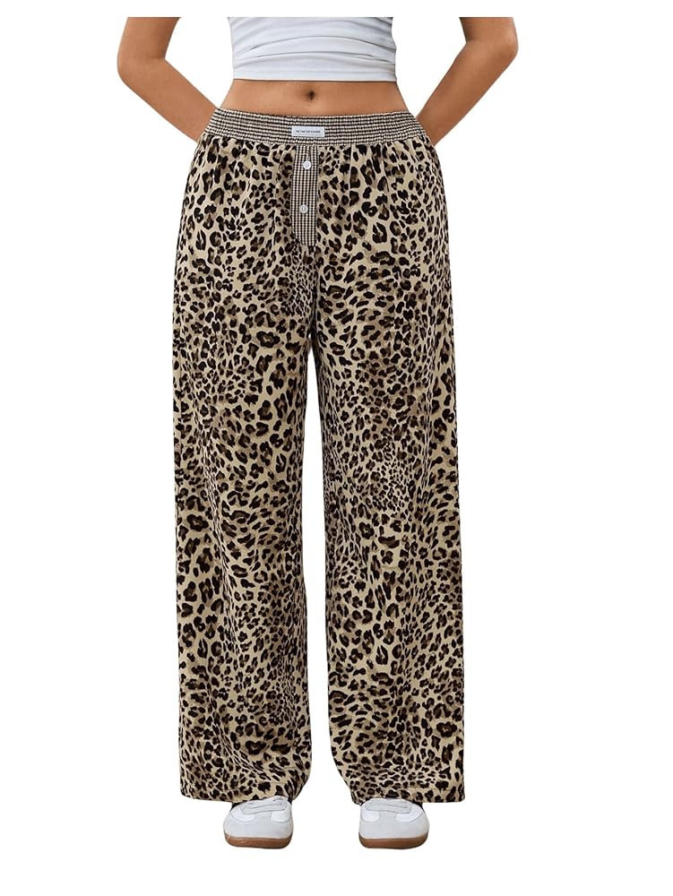 MakeMeChic Women's Leopard Print Wide Leg Pants Elastic
